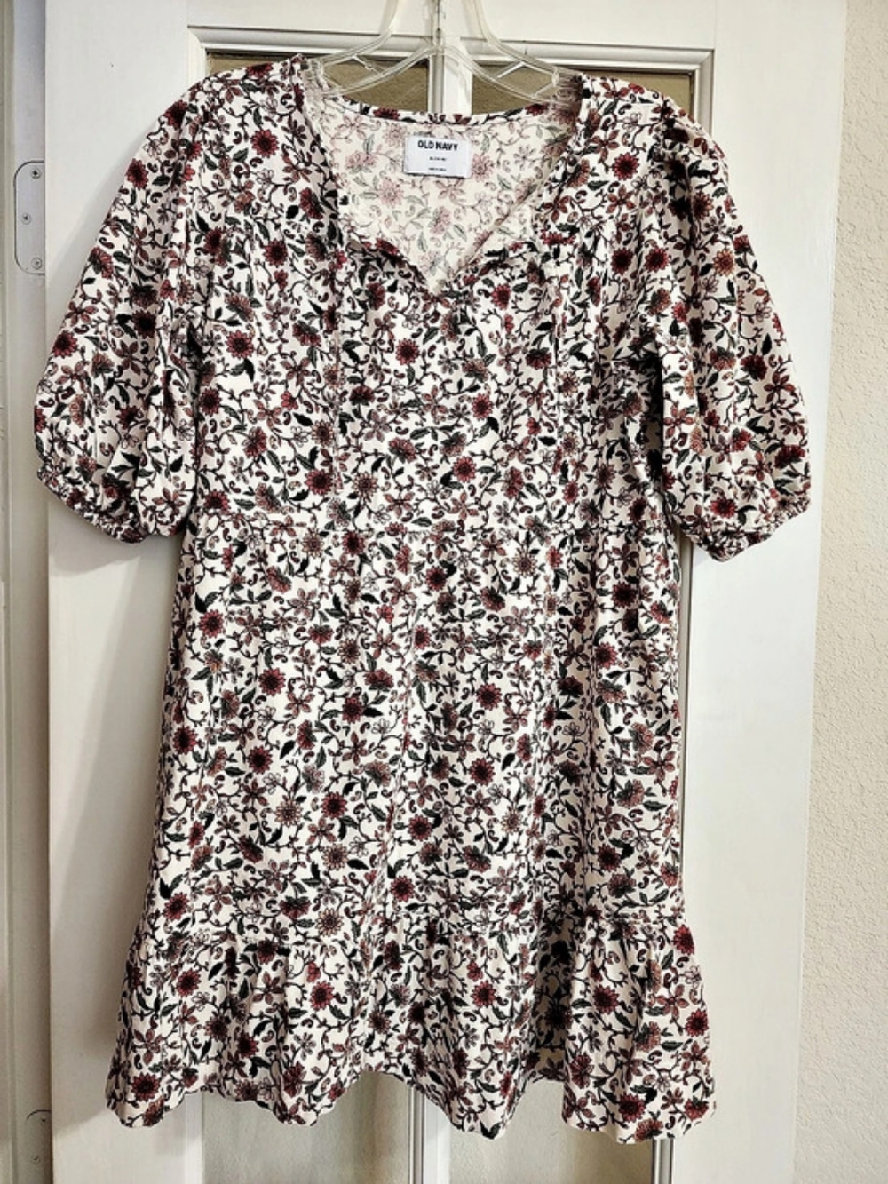 Old Navy XL Cream Floral Puff Sleeve Babydoll Tunic Top Boho Peasant Blouse